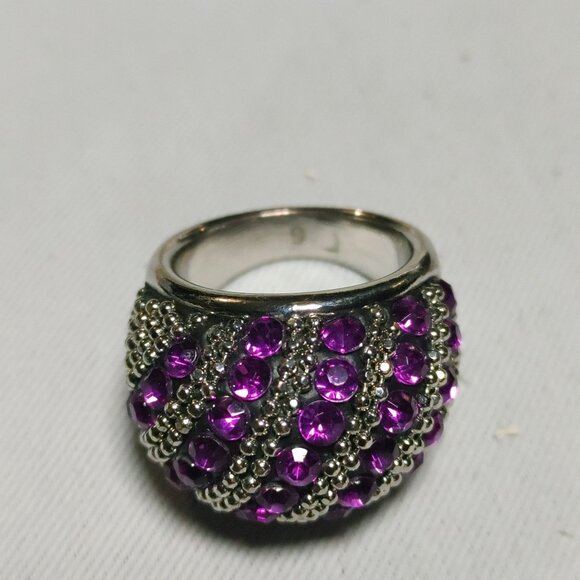 Beehive Dome Ring Purple Rhinestones Size 9 Beaded Accents Vintage Silver Tone - Picture 2 of 10
